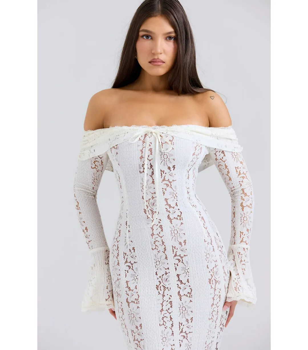 House of CB Belle Floral Lace Off Shoulder Maxi Dress Vintage Cream Size M / AU 10 for rent on The Volte - main image