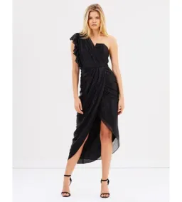 Shona Joy Cassis One-Shoulder Bustier Draped Midi Dress Black Size AU 6 for rent on The Volte - image 1