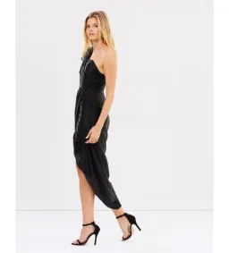 Shona Joy Cassis One-Shoulder Bustier Draped Midi Dress Black Size AU 6 for rent on The Volte - image 2