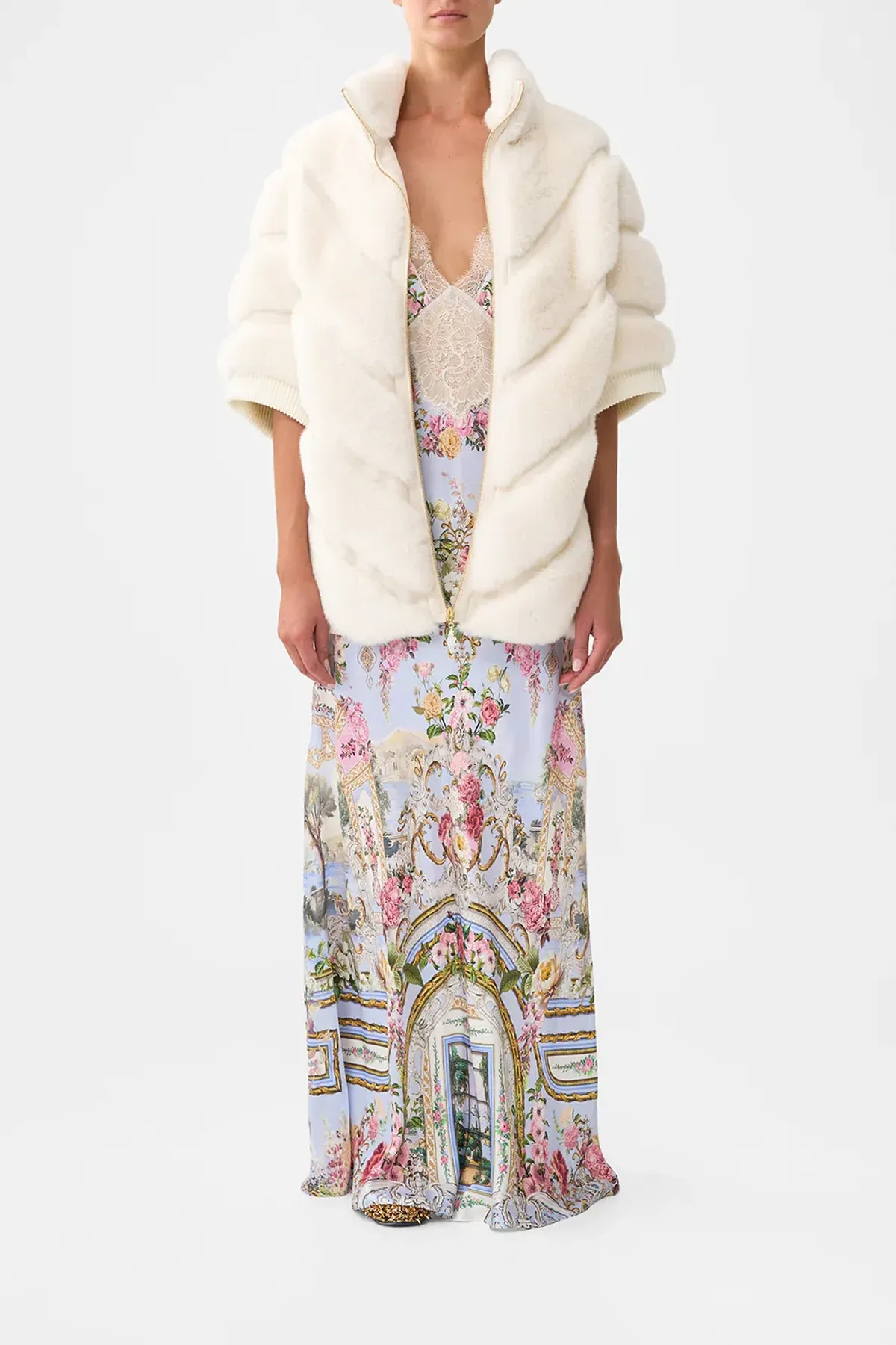 Camilla Tiled Time Faux Fur Short Sleeve Slouch Jacket White (M/L-AU12/14) for rent on The Volte - main image