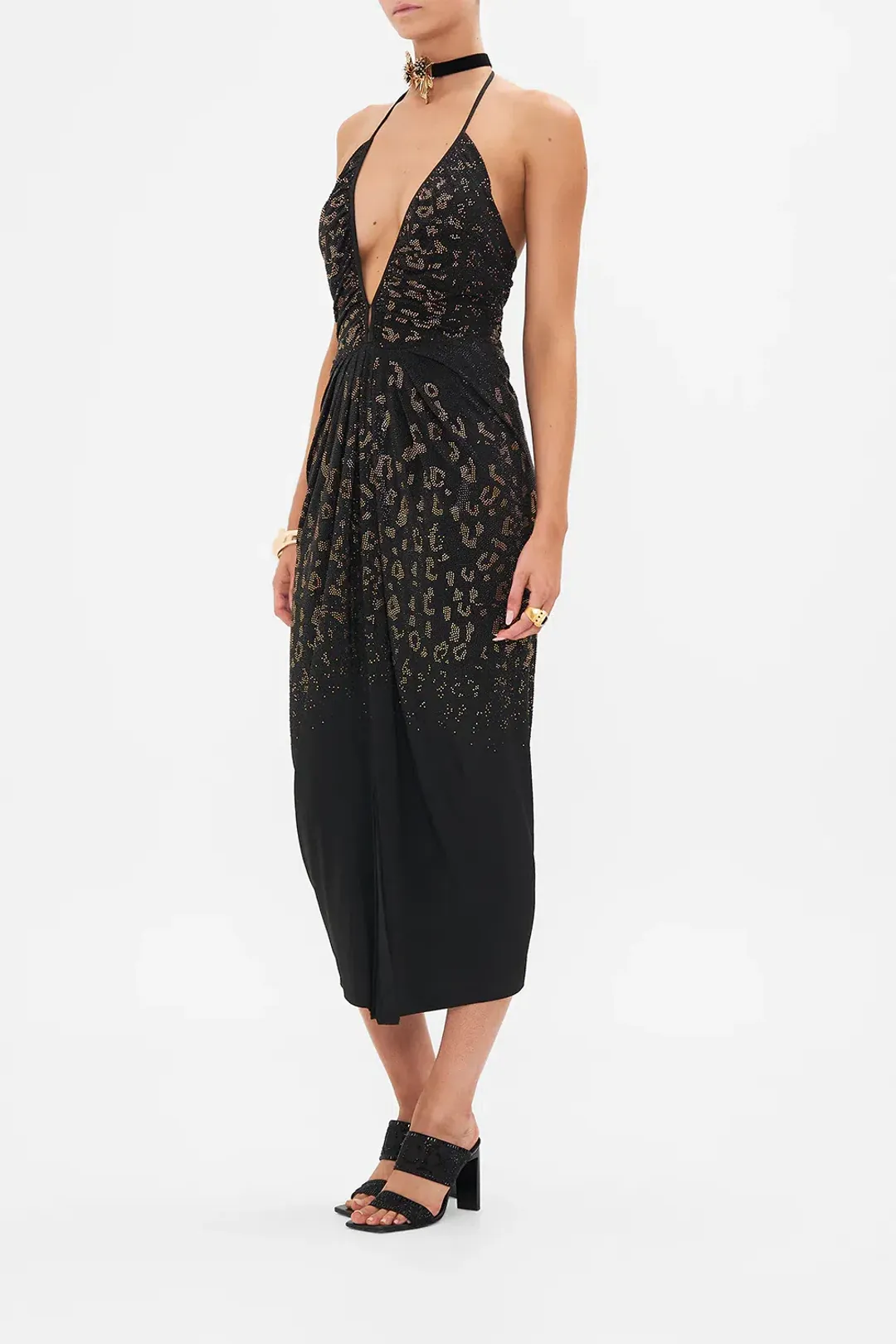 Camilla Mosaic Muse V Neck Gathered Jersey Dress Midi Black (XL/AU16) for rent on The Volte - main image