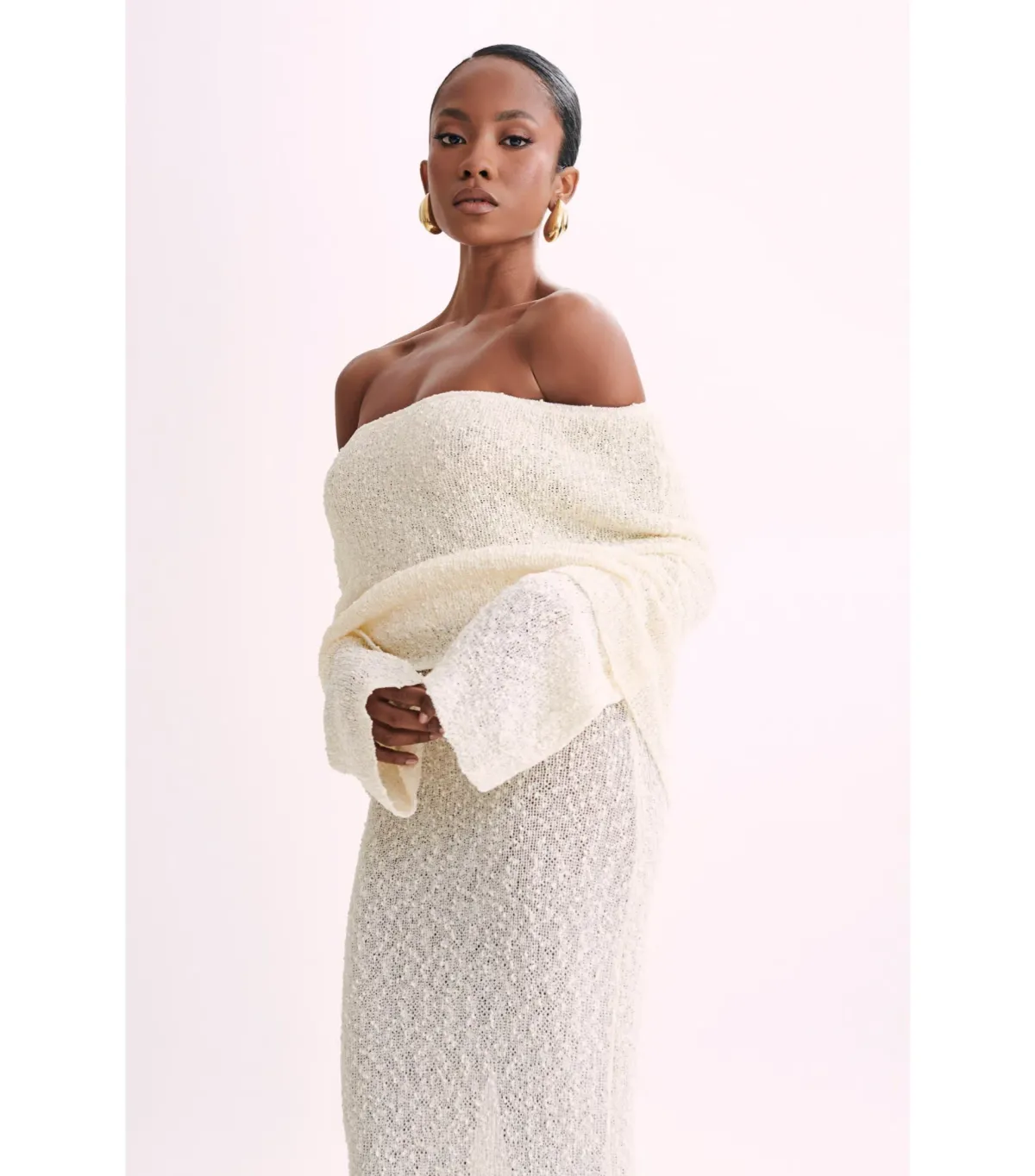 Meshki Marisol Off Shoulder Boucle Maxi Dress in Ivory Size XS / AU 6 - Image 3
