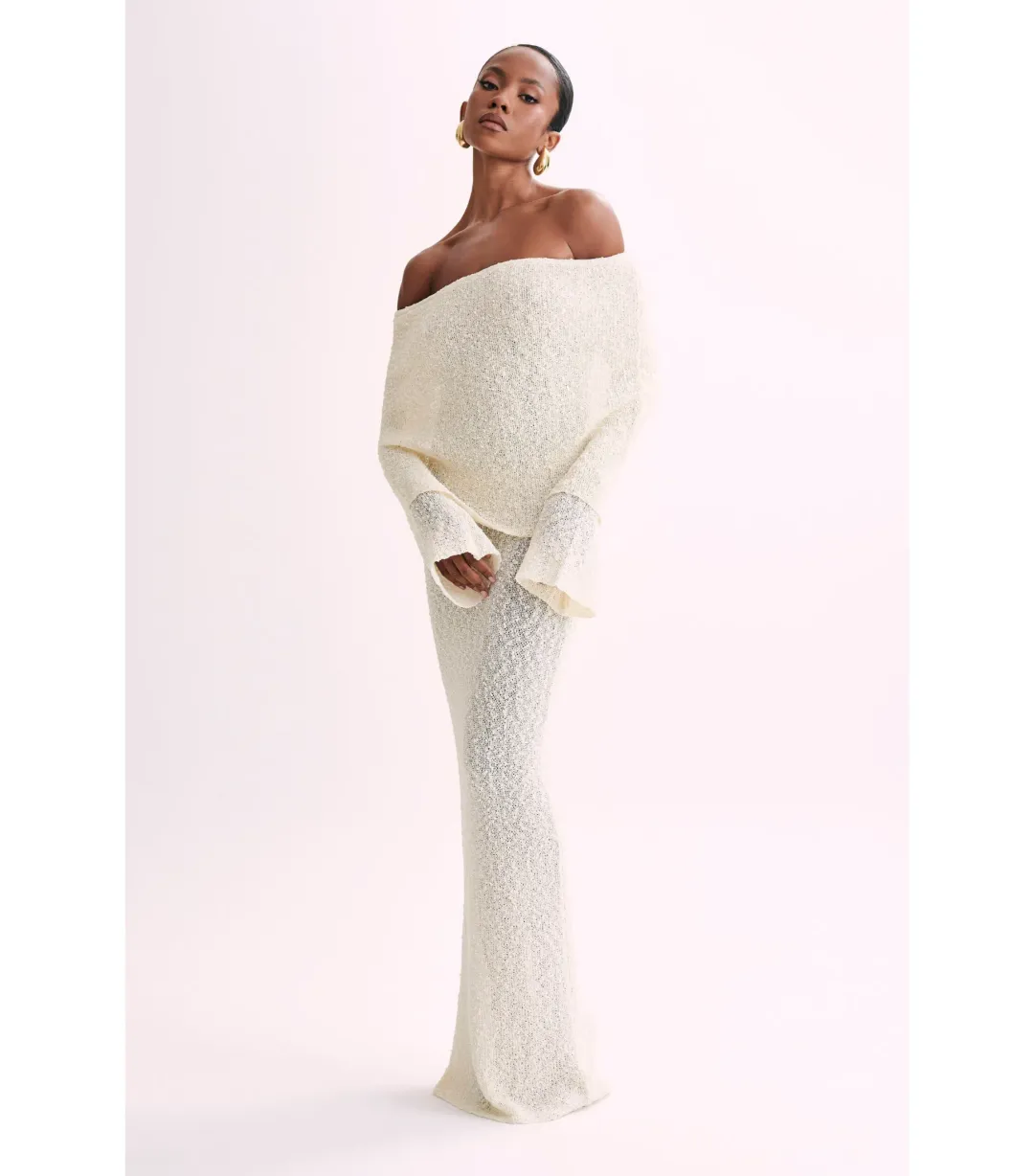 Meshki Marisol Off Shoulder Boucle Maxi Dress in Ivory Size XS / AU 6 for rent on The Volte - main image
