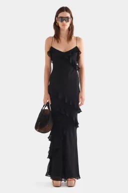 Venroy Silk Ruffle Slip Maxi Dress Black Size S / Size 8 for rent on The Volte - image 1
