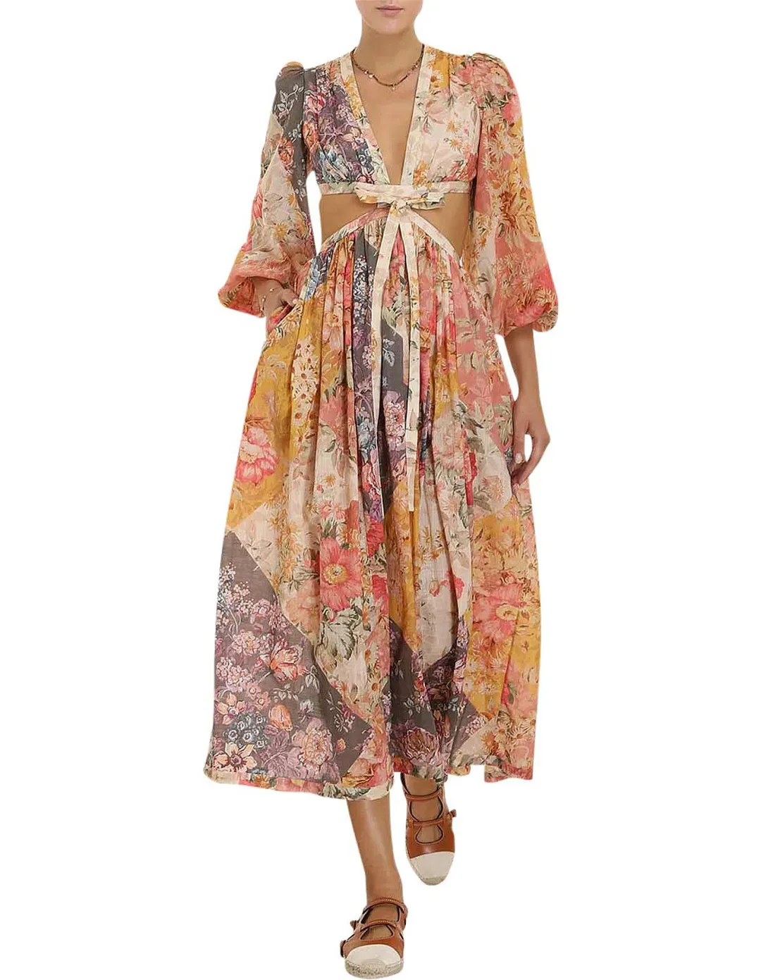 Zimmermann Pattie Patchwork Long Dress Midi Floral Size AU 12 for rent on The Volte - main image