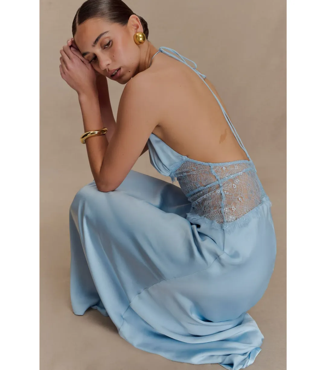 Meshki Dinah Lace and Satin Maxi Dress Cornflower Blue Size S / AU 8 for rent on The Volte - main image