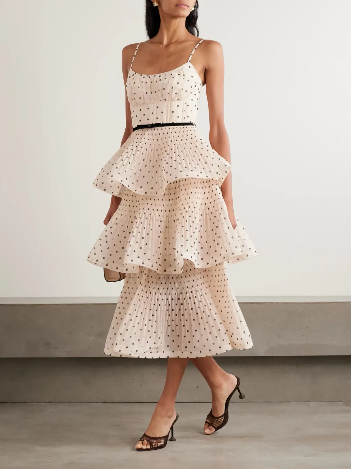 Zimmermann Pleated Tiered Midi Dress in Black/Cream Polka Dot Size 14/L for rent on The Volte - main image
