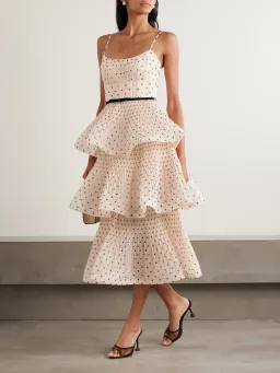 Zimmermann Pleated Tiered Midi Dress in Black/Cream Polka Dot Size 14/L for rent on The Volte - image 1