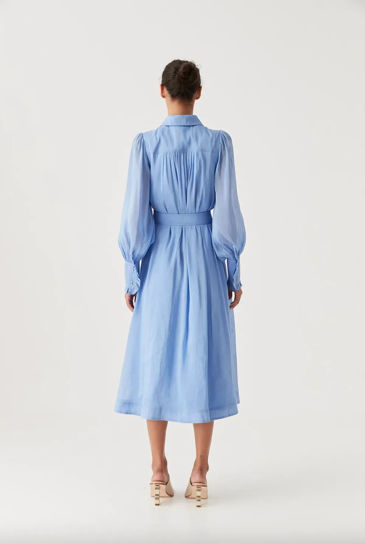 Aje Iris Pleated Bib Midi Dress Mist Blue Size AU 10 - Image 4