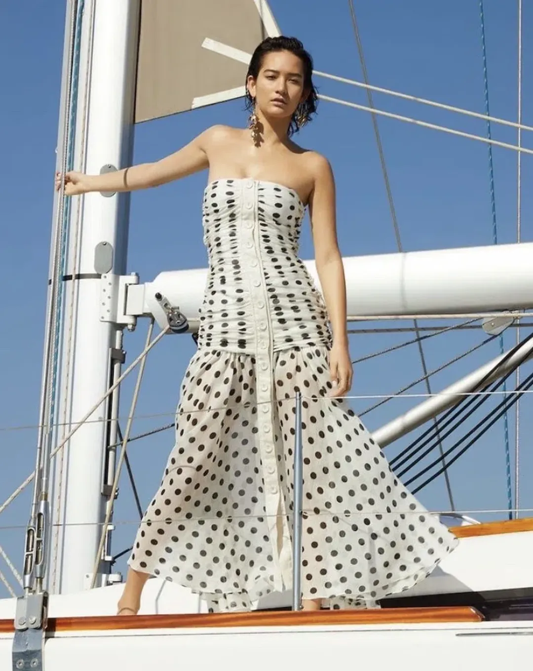 Zimmermann Corsage Ruched Polka-dot Linen-blend Maxi Dress Print Size 1 / Size AU 6 for rent on The Volte - main image