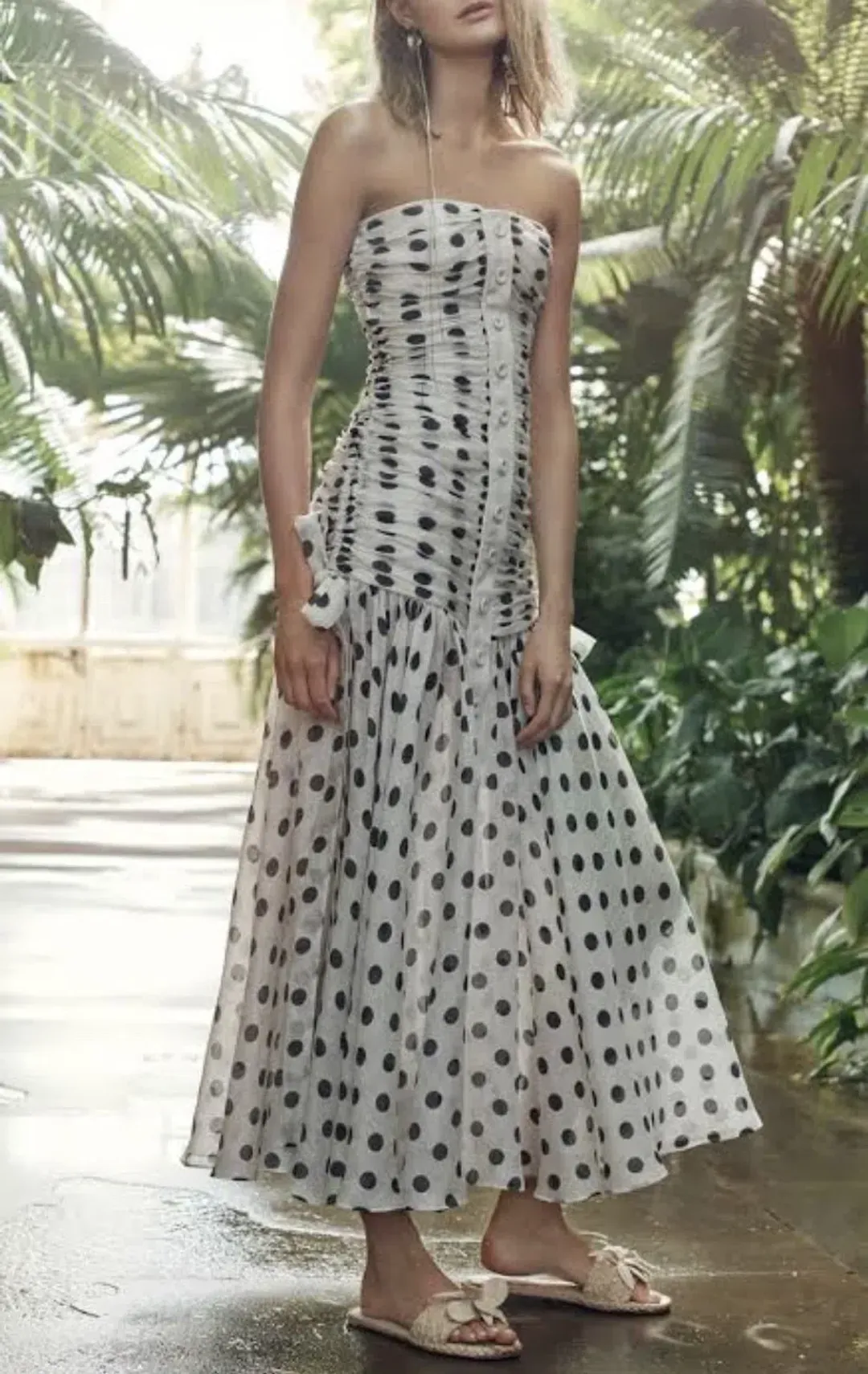 Zimmermann Corsage Ruched Polka-dot Linen-blend Maxi Dress Print Size 1 / Size AU 6 for rent on The Volte - main image
