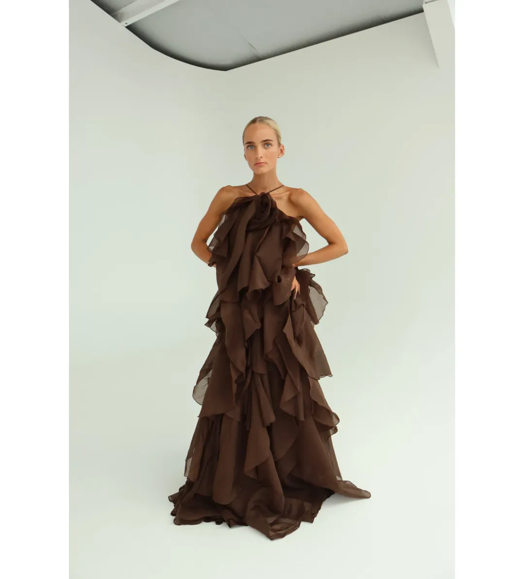 Aje Pandorea Layered Maxi Dress in Carob Brown Size AU 6 for rent on The Volte - main image