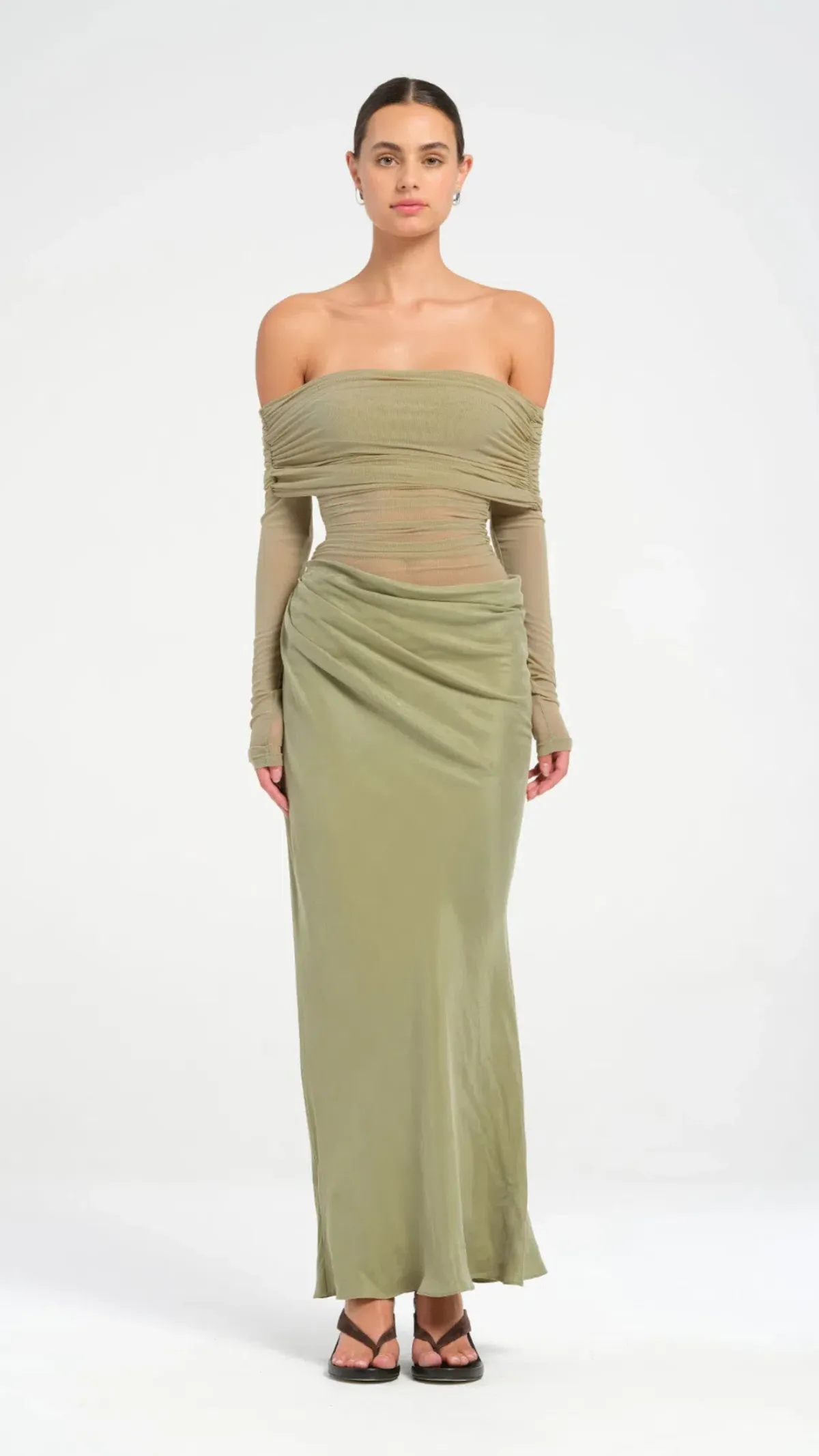 Benni Yasmin Off Shoulder Maxi Dress in Pistachio Size AU 8 for rent on The Volte - main image