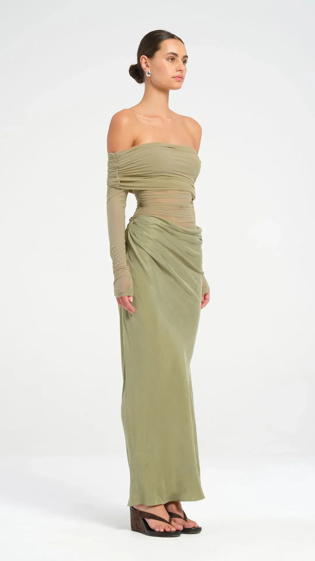 Benni Yasmin Off Shoulder Maxi Dress in Pistachio Size AU 8 for rent on The Volte - main image