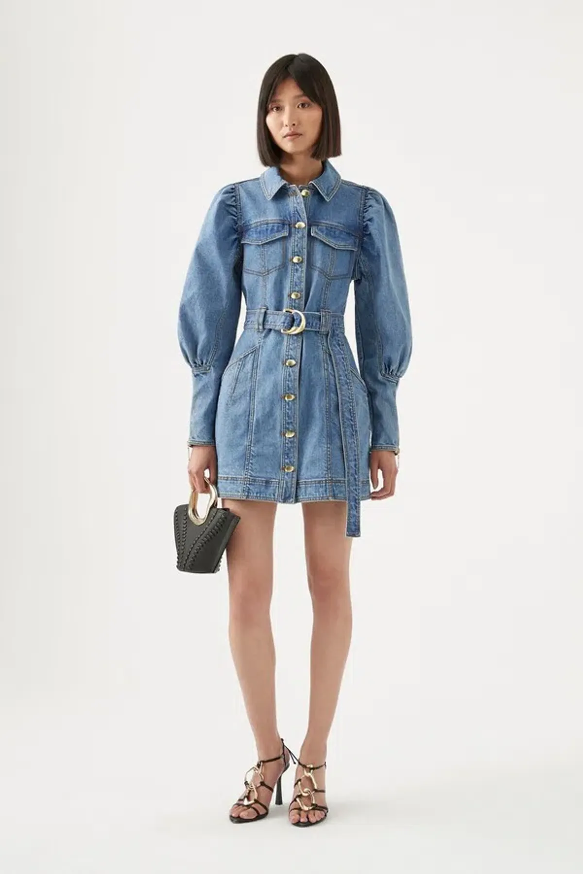 Aje Dione Long Sleeved Denim Mini Dress Blue Size 6 for rent on The Volte - main image