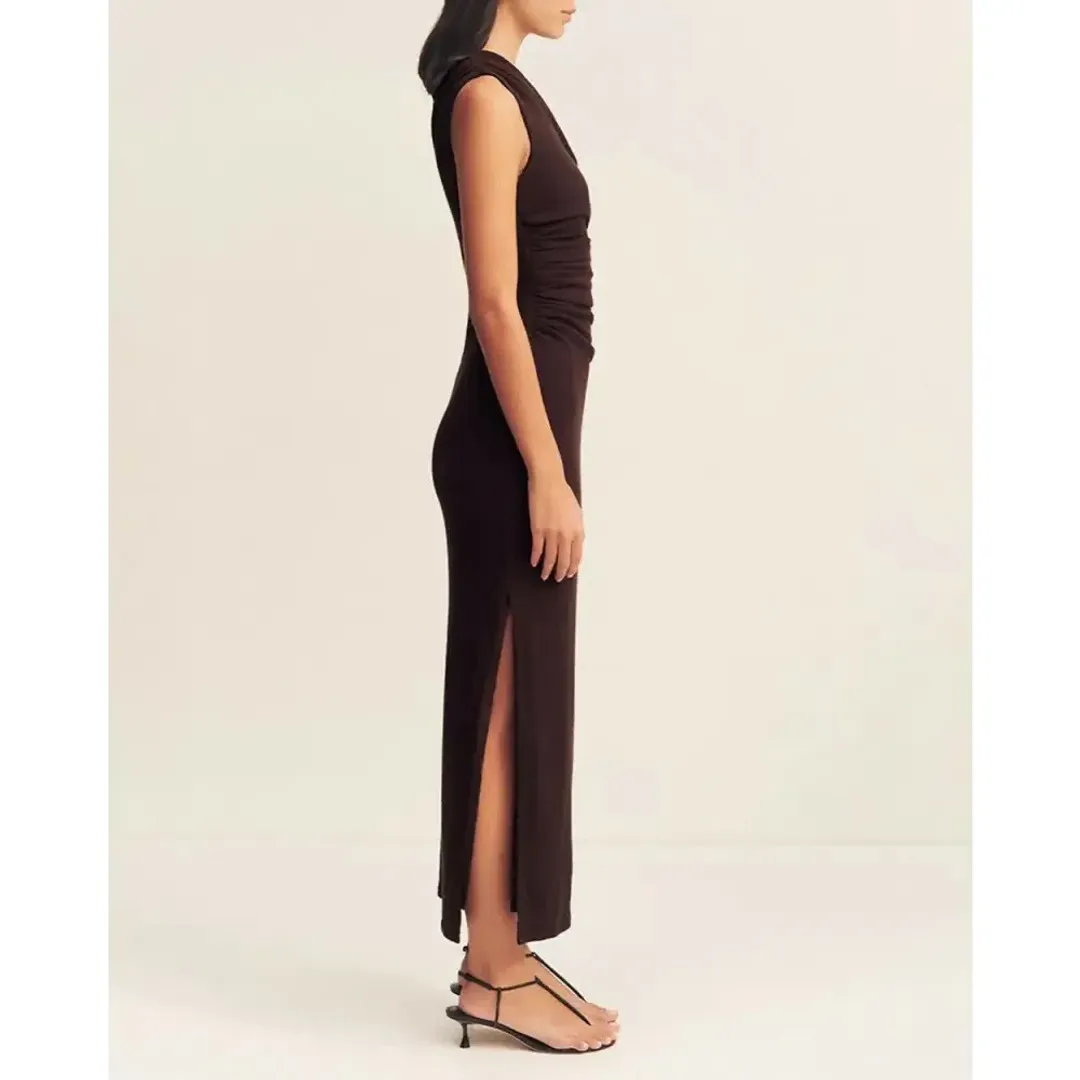 Shona Joy Beau Gathered Asymmetrical Midi Dress Brown Size AU 8 for rent on The Volte - main image