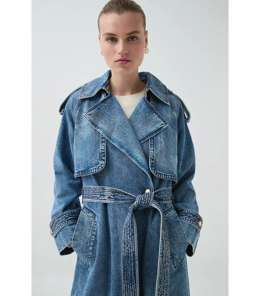 Aje Blues Denim Midi Trench Coat 80s Blue Wash Size M / AU 10 for rent on The Volte - main image