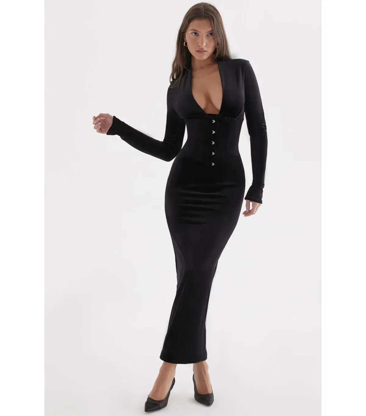 House of CB Arabella Corset Midi Dress Black Velvet Size AU 10 - Image 2