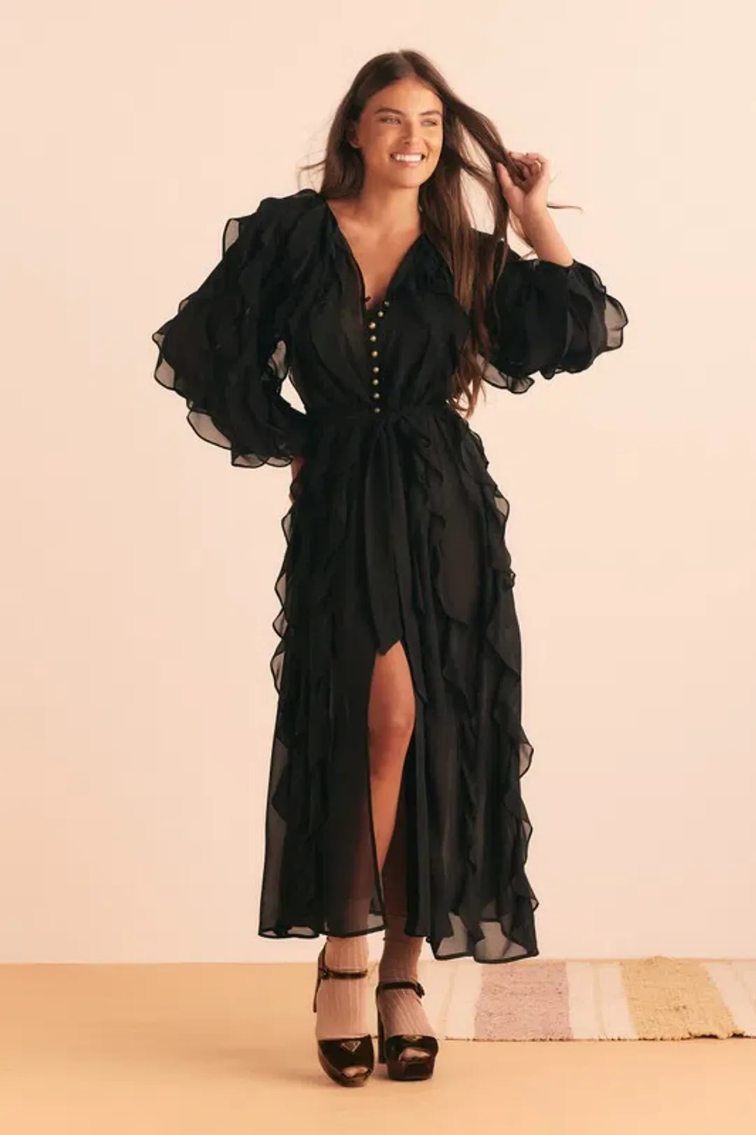Bohemian Traders Sunray Flounce Maxi Dress In Black Size 10 for rent on The Volte - main image