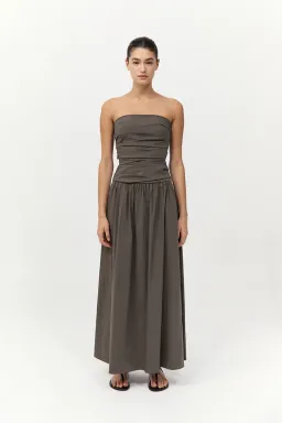 St. Agni Gathered Strapless Tie Back Maxi Dress in Khaki Size S/AU 8 for rent on The Volte - image 1
