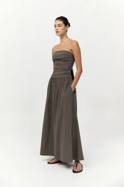 St. Agni Gathered Strapless Tie Back Maxi Dress in Khaki Size S/AU 8 for rent on The Volte - image 3