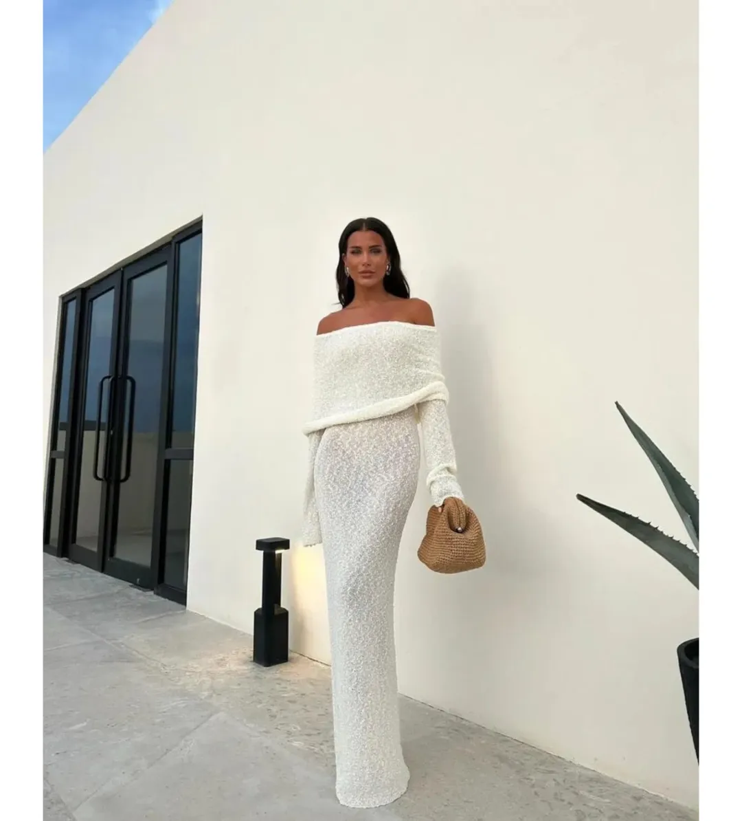 MESHKI Marisol Off Shoulder Boucle Maxi Dress Ivory Size M AU 10 for rent on The Volte - main image