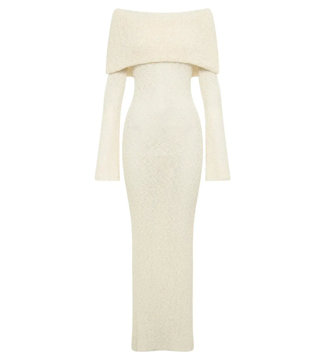 MESHKI Marisol Off Shoulder Boucle Maxi Dress Ivory Size M AU 10 for rent on The Volte - main image