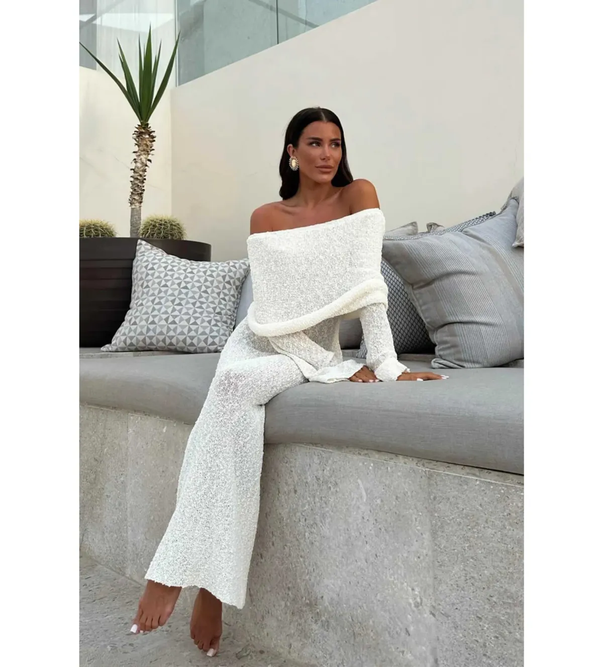 MESHKI Marisol Off Shoulder Boucle Maxi Dress Ivory Size M AU 10 - Image 7