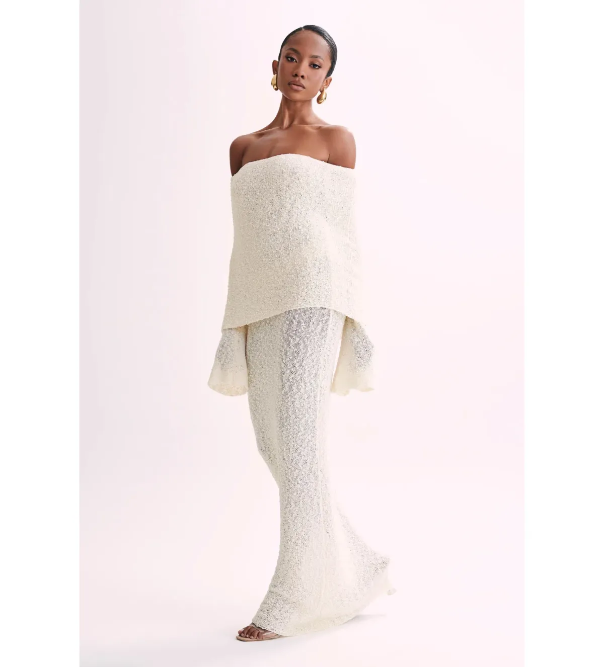 MESHKI Marisol Off Shoulder Boucle Maxi Dress Ivory Size M AU 10 - Image 4