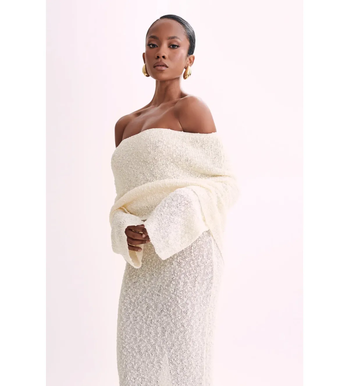 MESHKI Marisol Off Shoulder Boucle Maxi Dress Ivory Size M AU 10 - Image 5