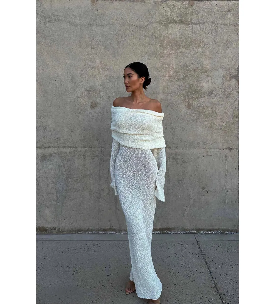 MESHKI Marisol Off Shoulder Boucle Maxi Dress Ivory Size M AU 10 for rent on The Volte - main image
