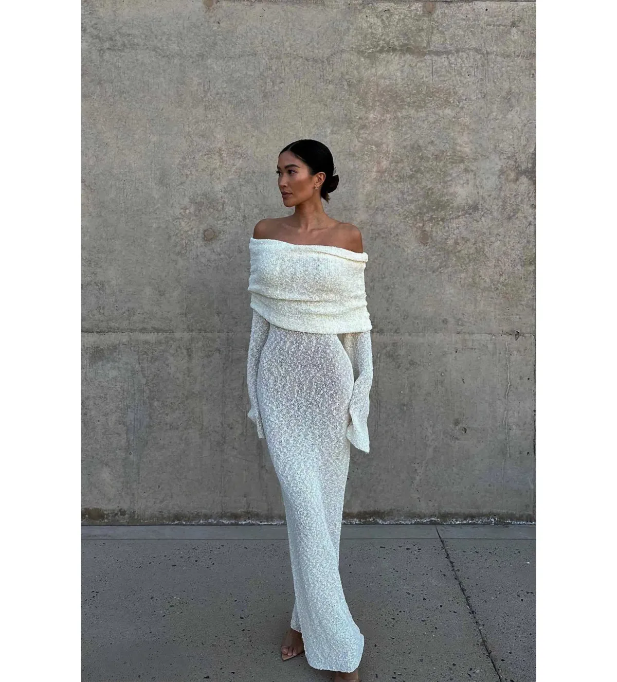 MESHKI Marisol Off Shoulder Boucle Maxi Dress Ivory Size M AU 10 - Image 1