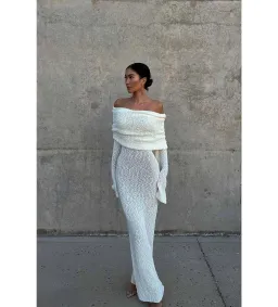 MESHKI Marisol Off Shoulder Boucle Maxi Dress Ivory Size M AU 10 for rent on The Volte - image 1
