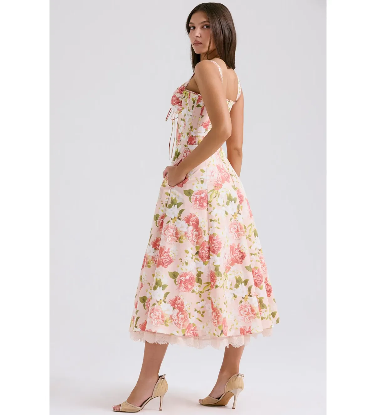 House of CB Rosalee Cotton Bustier Midi Sundress Pink Peony Print Size AU 8 - Image 3