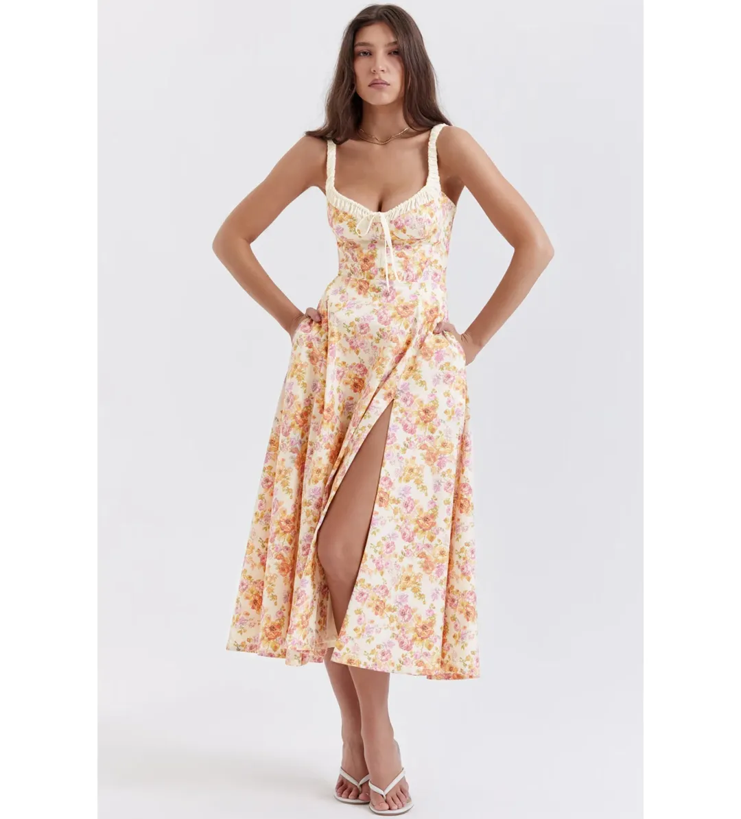 House of CB Sabrina Bustier Midi Dress Ivory Print Size L/AU 14 for rent on The Volte - main image