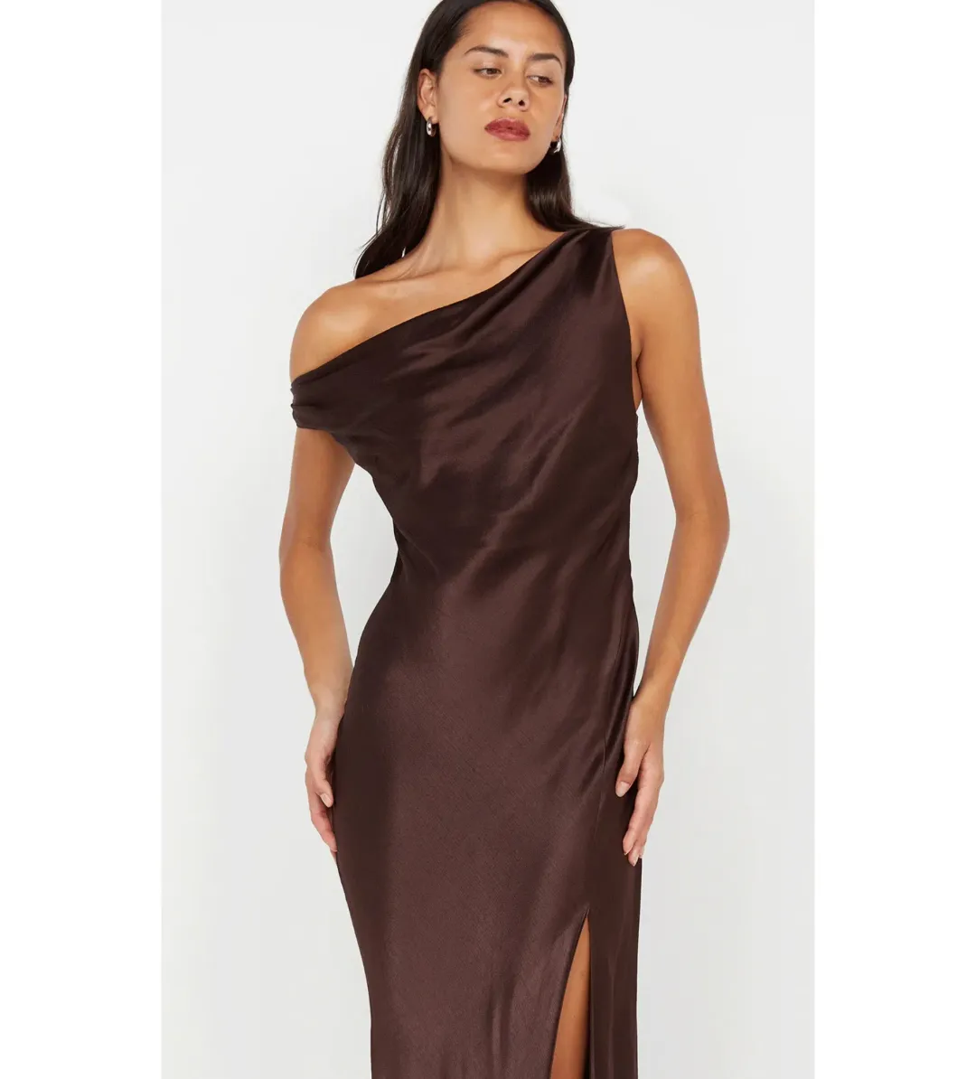 Bec & Bridge Sol Asym Maxi Dress Dark Chocolate Size AU 6 for rent on The Volte - main image