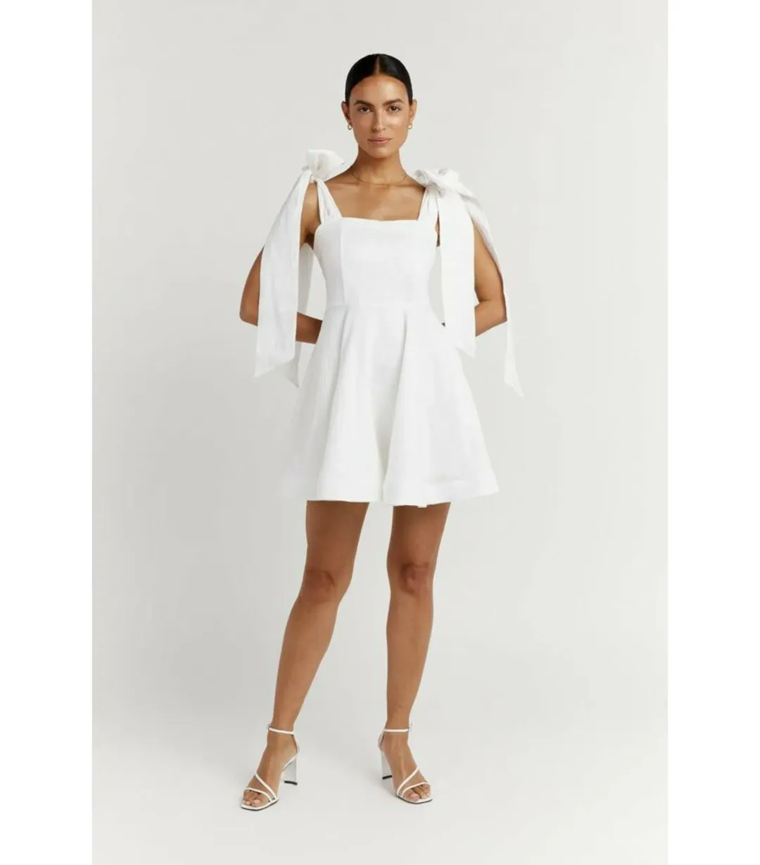 Dissh Aisle Linen Bow Tie Shoulder Mini Dress White Size AU 10 for rent on The Volte - main image