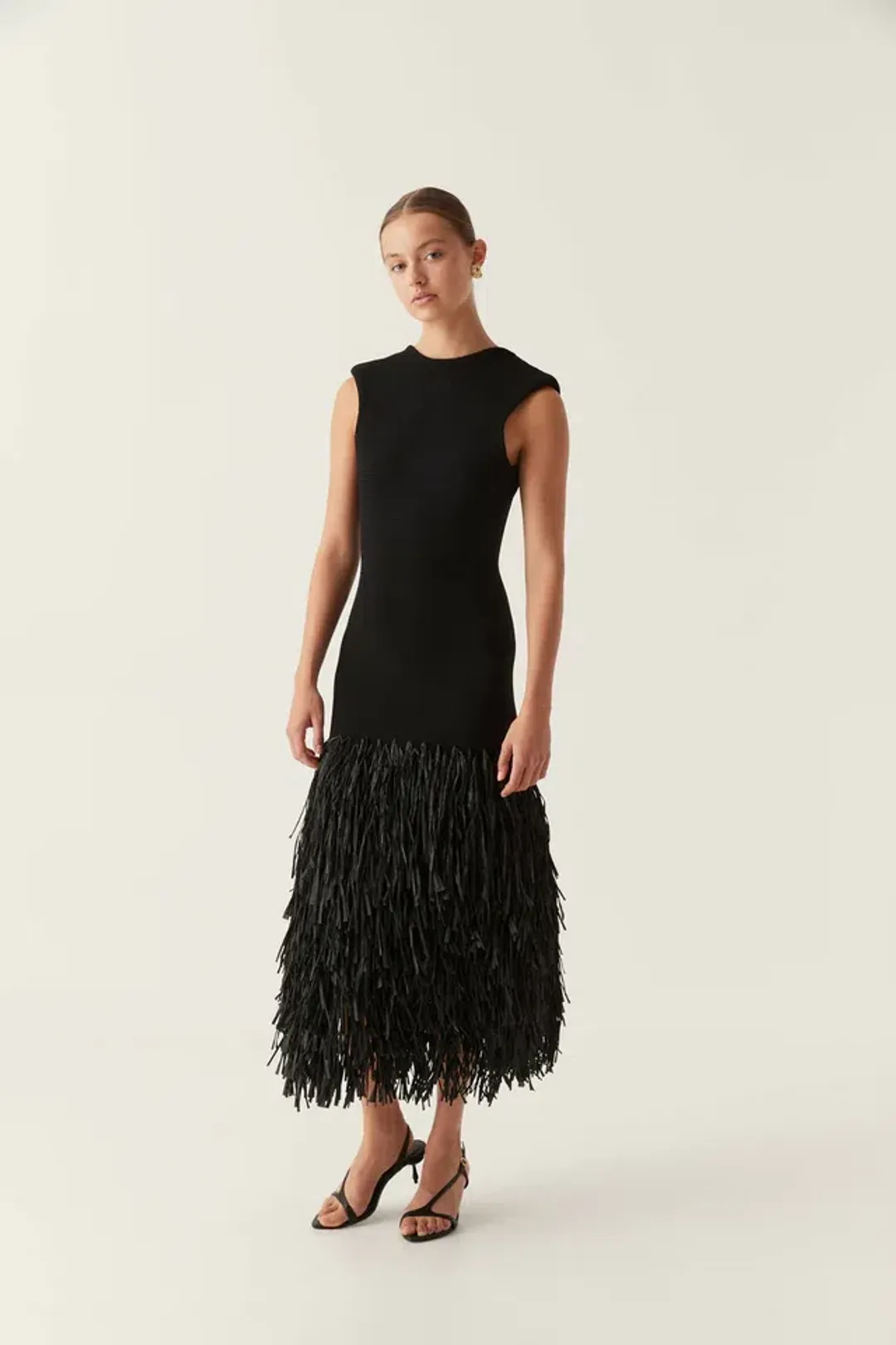 Aje RUSHES RAFFIA KNIT MIDI DRESS BLACK size 6 for rent on The Volte - main image