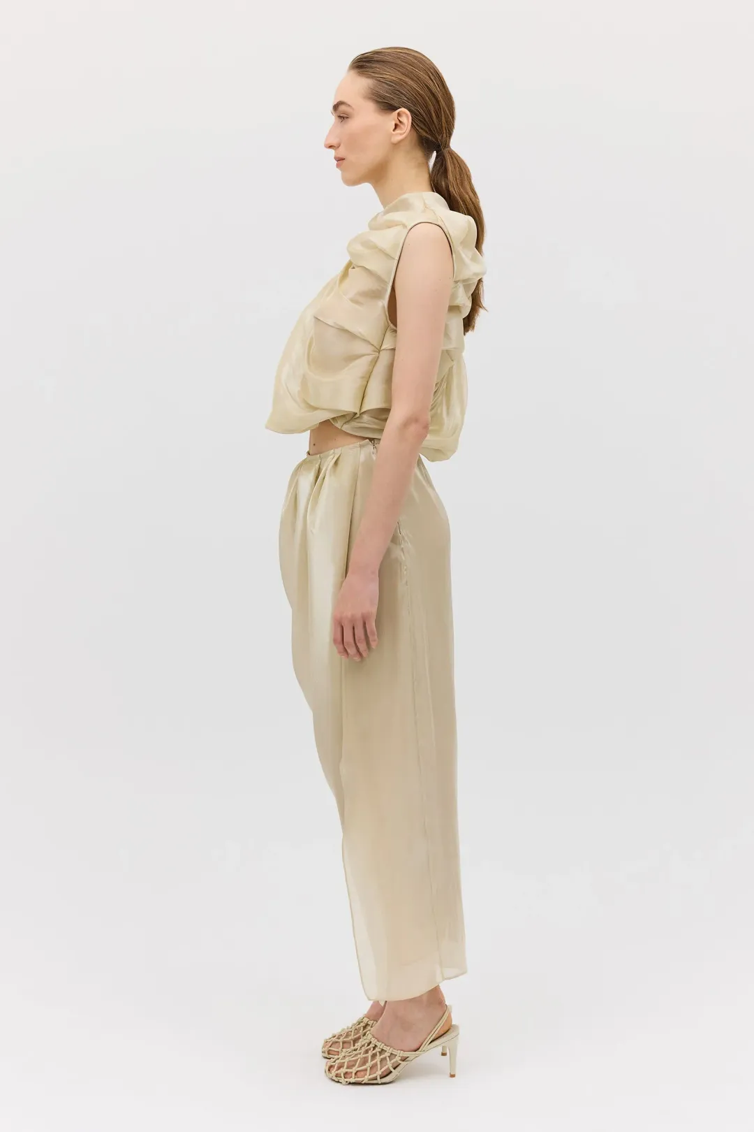 Bianca Spender Champagne Liquid Organza Tumble Top Gold Size 8/S for rent on The Volte - main image