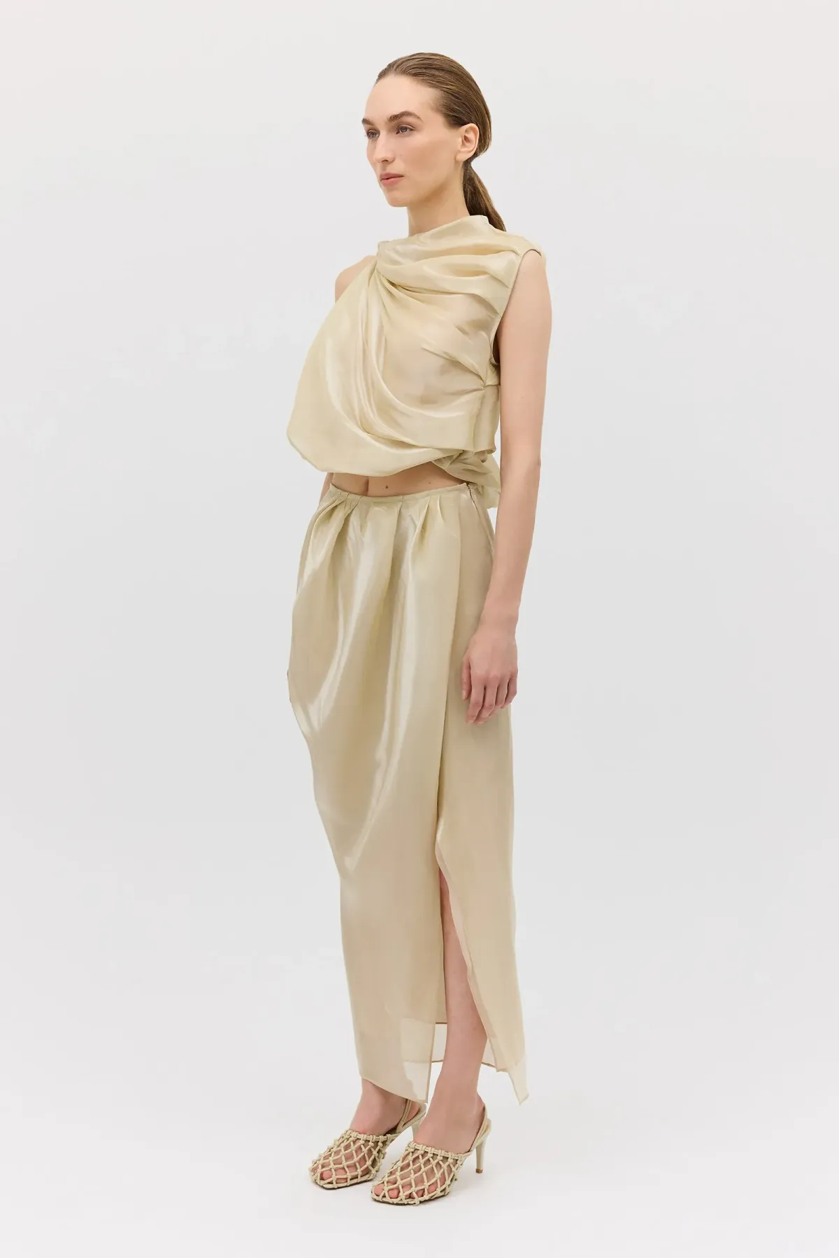 Bianca Spender Champagne Liquid Organza Tumble Top Gold Size 8/S - Image 3