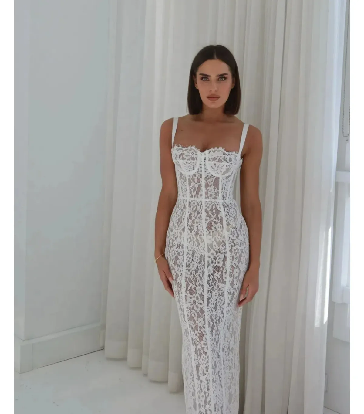 Helsa The Lace Column Midi Dress White Size 8/S - Image 5