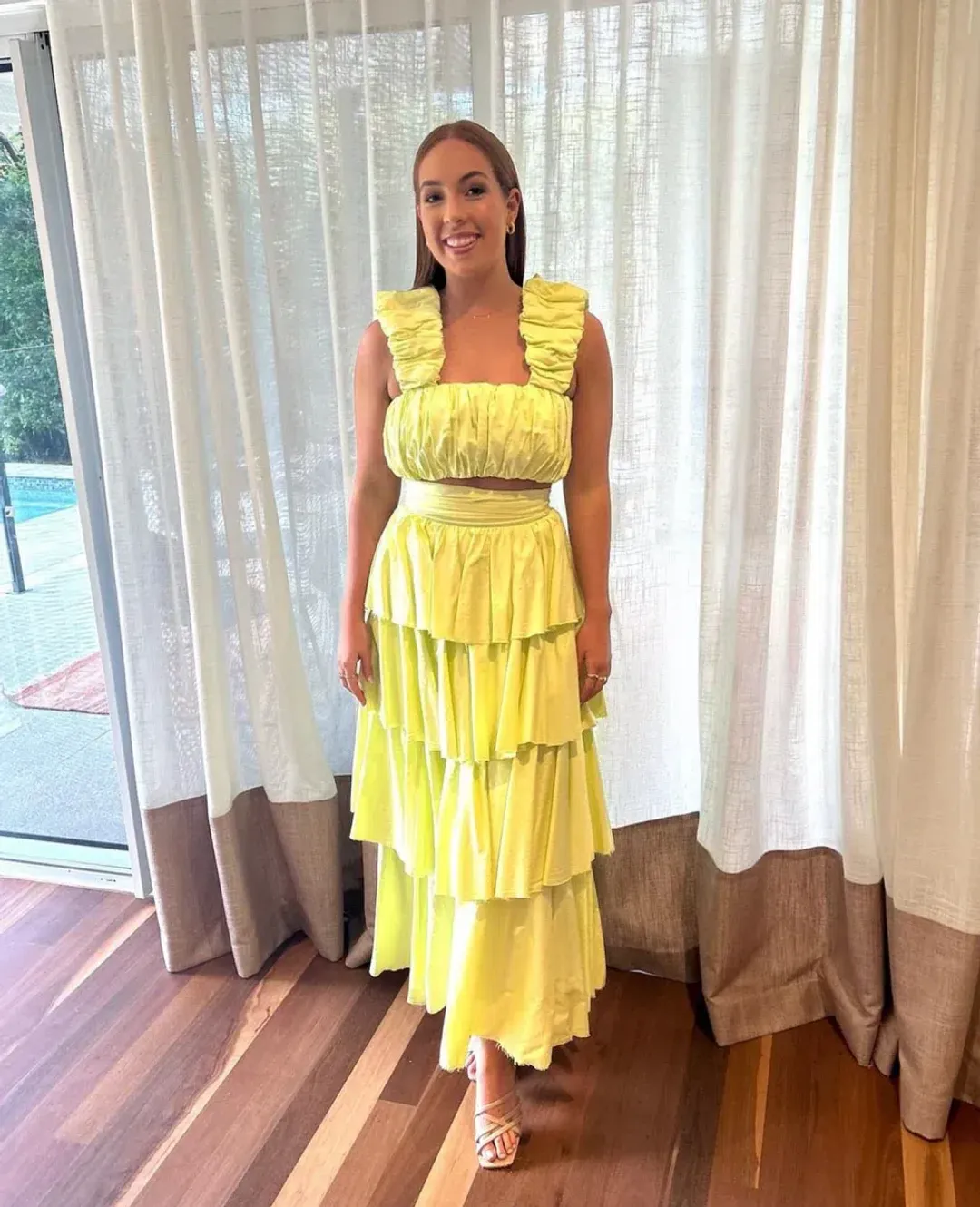 Aje Medina Ruched Top Size AU 12 and Tiered Midi Skirt Size AU 14 Set in Lemon for rent on The Volte - main image