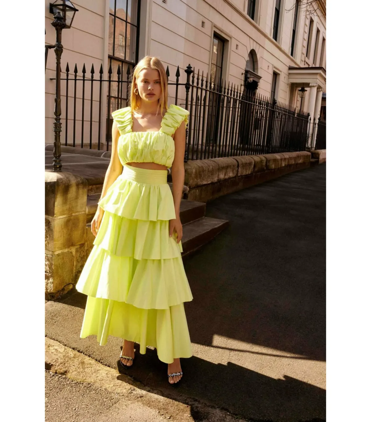 Aje Medina Ruched Top Size AU 12 and Tiered Midi Skirt Size AU 14 Set in Lemon for rent on The Volte - main image