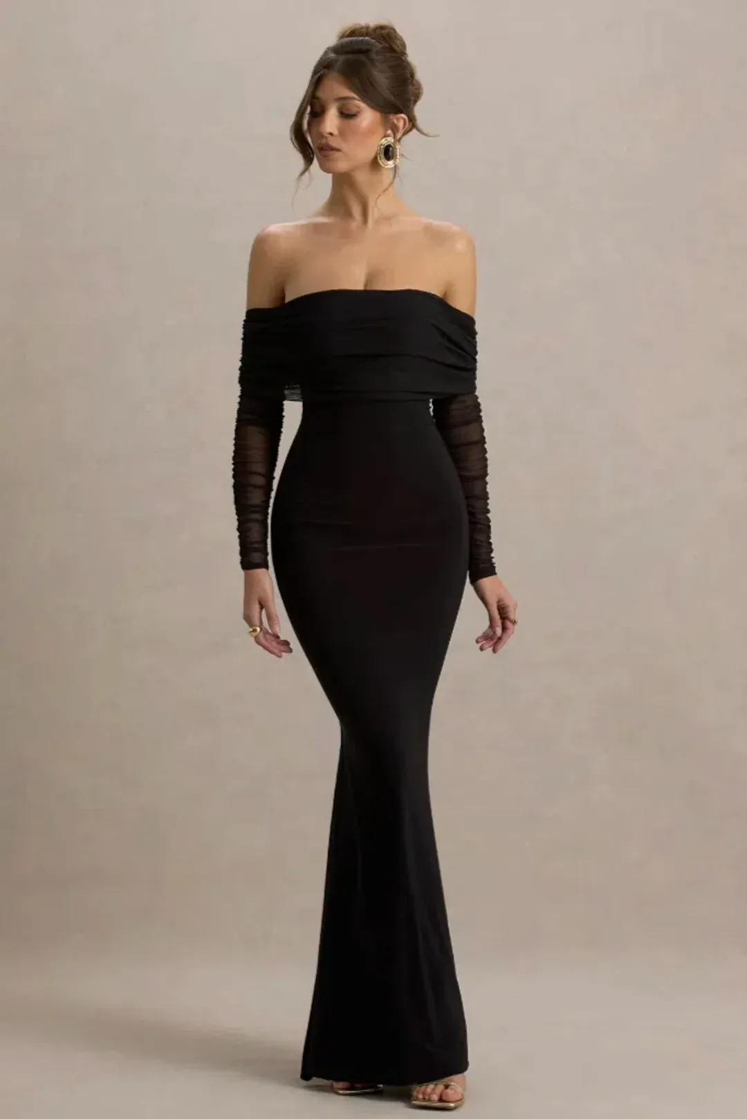 Club L London Madeleine Black Fishtail Maxi Dress With Bardot Mesh Black Size 6 for rent on The Volte - main image
