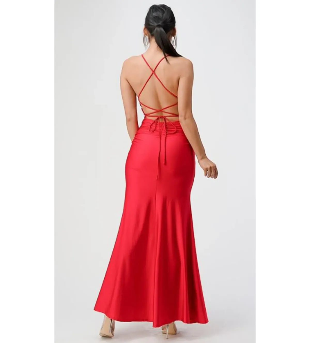 Lavro Couture Dresses Elegant Tie Up Back Satin Gown with Split Maxi Dress in Red Size AU 6 - Image 3