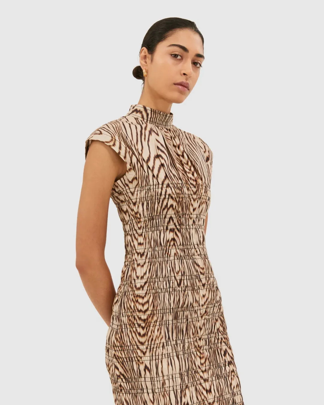 Saba Allegro Shirred Dress Brown Size AU 8 for rent on The Volte - main image
