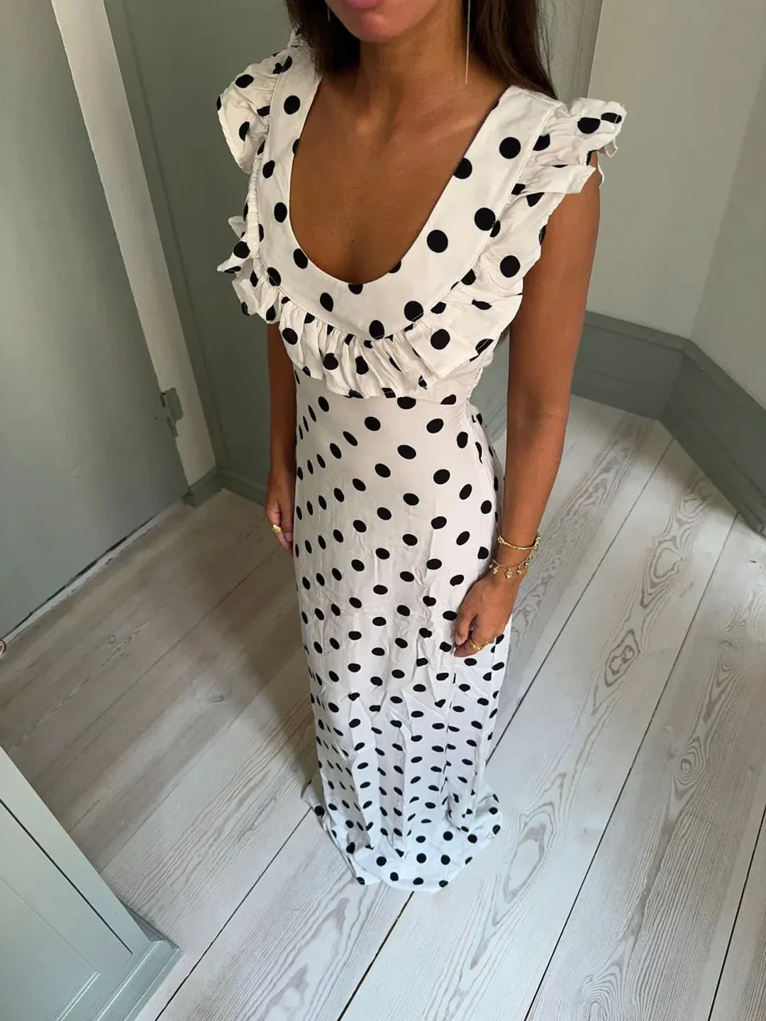 Design By Si Luna Maxi Dress in White with Polka Dots Size XS/AU6 for rent on The Volte - main image