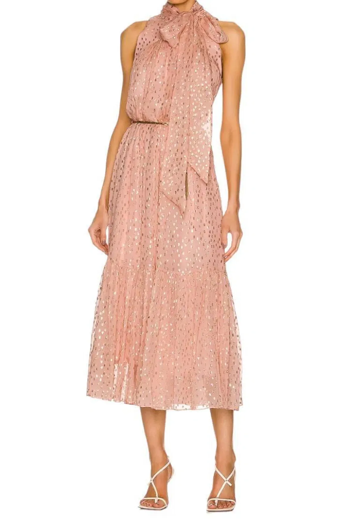 Zimmermann Metallic Dot Tie Neck Midi Dress Blush Size 2 /AU 12 for rent on The Volte - main image