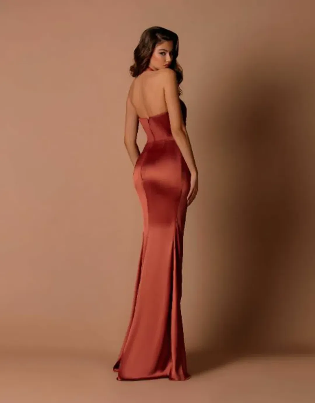 Nicoletta Halter Neck Fitted Satin Bridesmaid Maxi Dress in Bronze Size 6 for rent on The Volte - main image