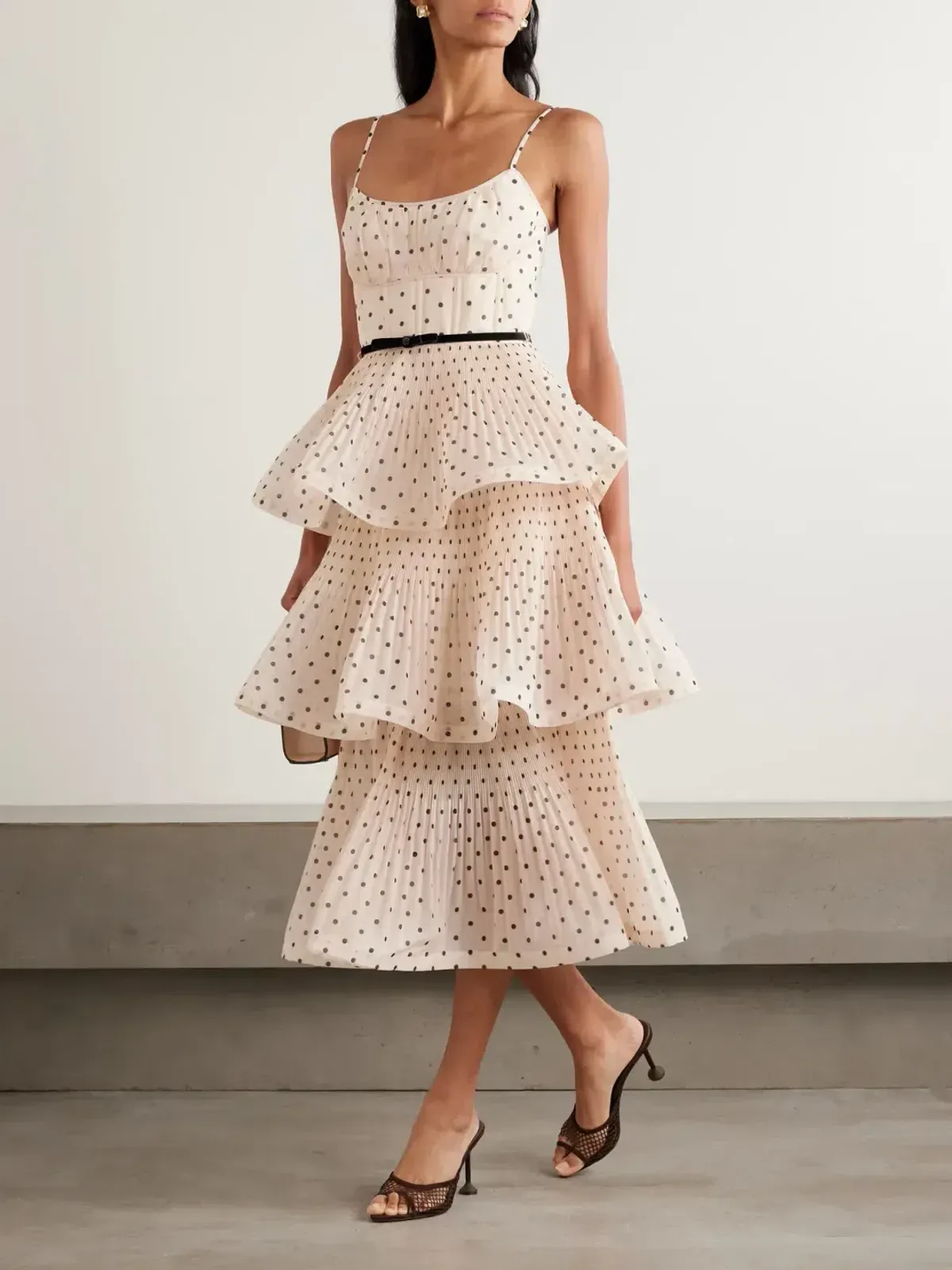 Zimmermann The Pleated Tiered Midi Dress in Cream/Black Polka Dot Size 8 - Image 1